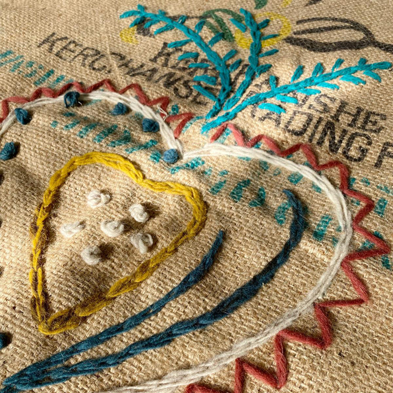 Freeform embroidery on burlap coffee bags with Rita Kroh