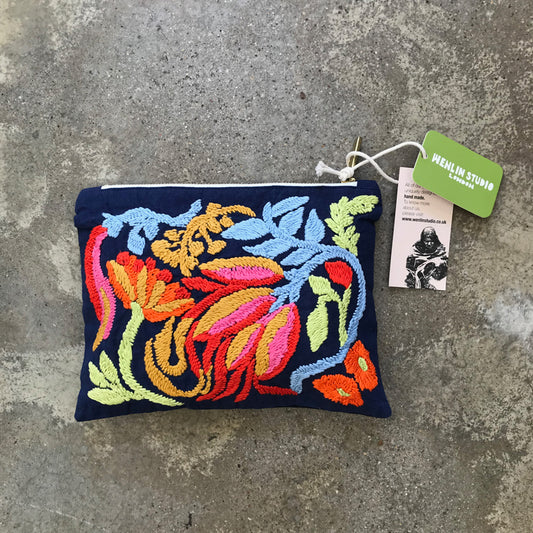 Wenlin Studio Coral Lilies Hand Embroidered Pouch Bag