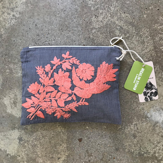 Wenlin Studio Bird Peonies Hand Embroidered Pouch Bag