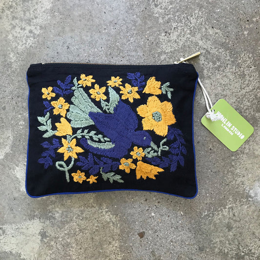 Wenlin Studio Bird Daisies Hand Embroidered Pouch Bag