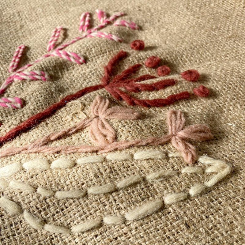 Freeform embroidery on burlap coffee bags with Rita Kroh