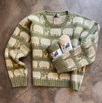 Green wool sweater with sheep pattern and a balls of Pegulhal yarn 